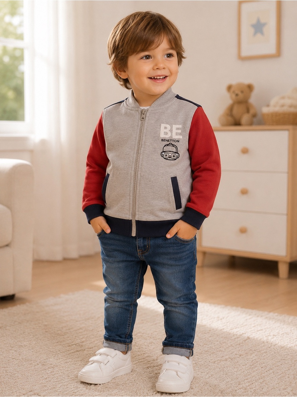 United Colors of Benetton Boys Colorblock Zip Sweatshirt Jacket 2-3Y 98cm